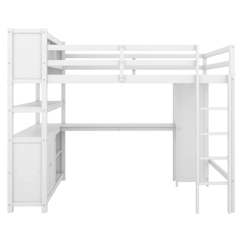 Lit mezzanine pleine grandeur en pin avec armoire, bureau en L, placard et étagères