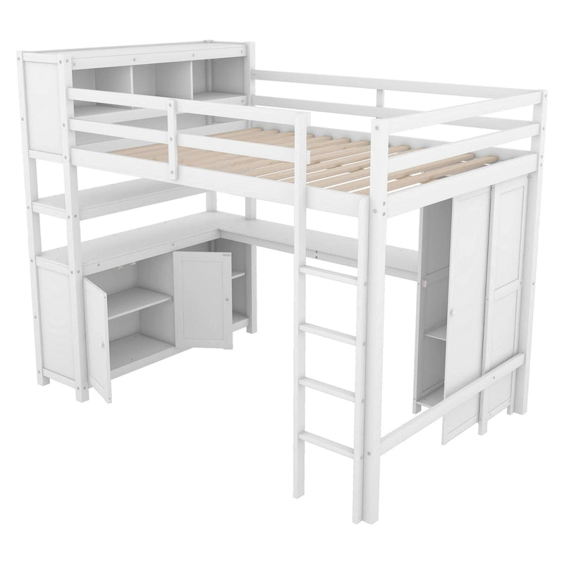 Lit mezzanine pleine grandeur en pin avec armoire, bureau en L, placard et étagères