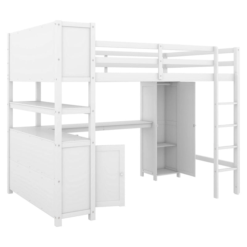 Lit mezzanine pleine grandeur en pin avec armoire, bureau en L, placard et étagères