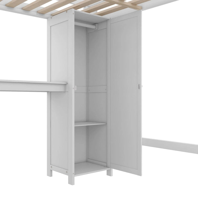 Lit mezzanine pleine grandeur en pin avec armoire, bureau en L, placard et étagères