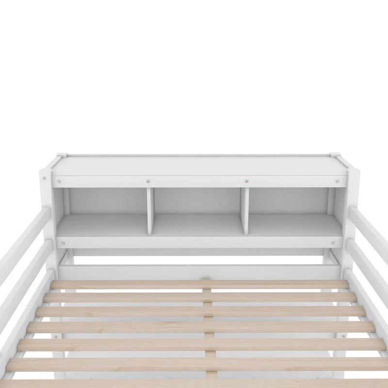 Lit mezzanine pleine grandeur en pin avec armoire, bureau en L, placard et étagères