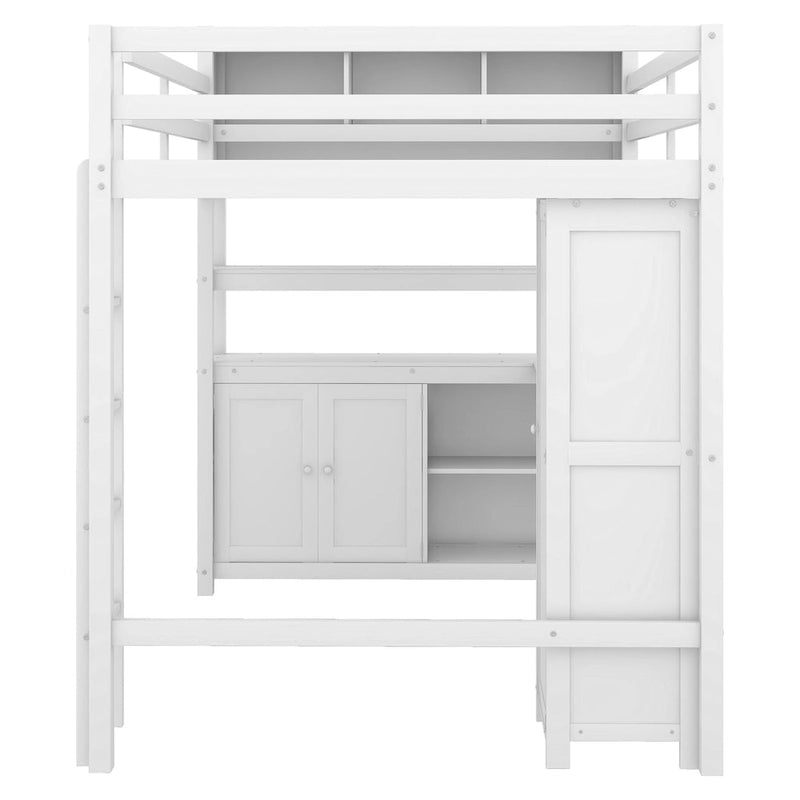 Lit mezzanine pleine grandeur en pin avec armoire, bureau en L, placard et étagères