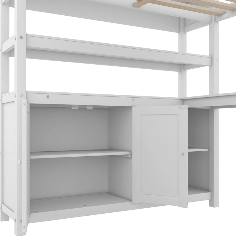 Lit mezzanine pleine grandeur en pin avec armoire, bureau en L, placard et étagères