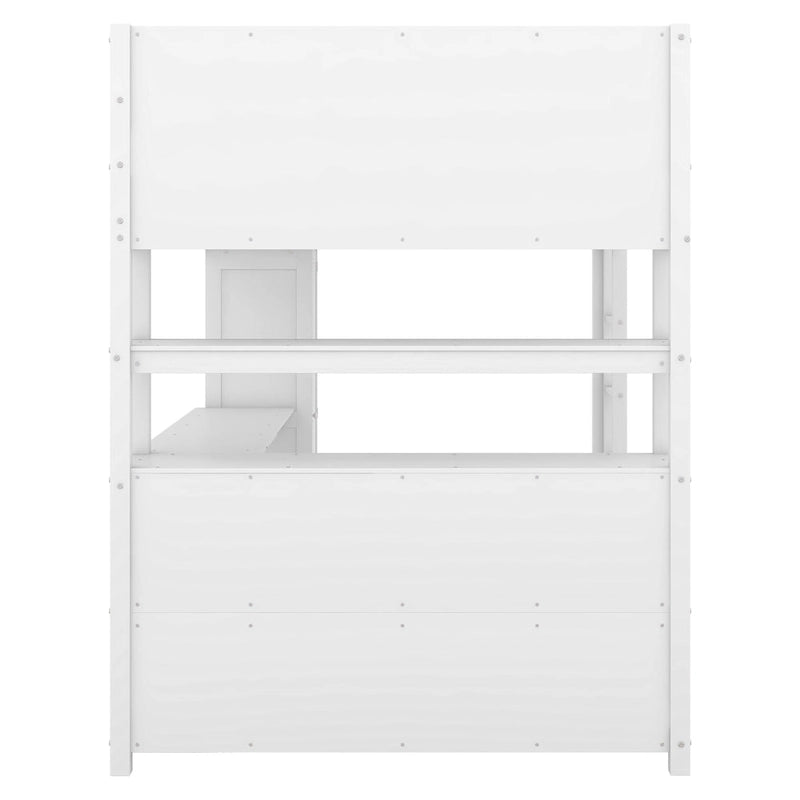 Lit mezzanine pleine grandeur en pin avec armoire, bureau en L, placard et étagères