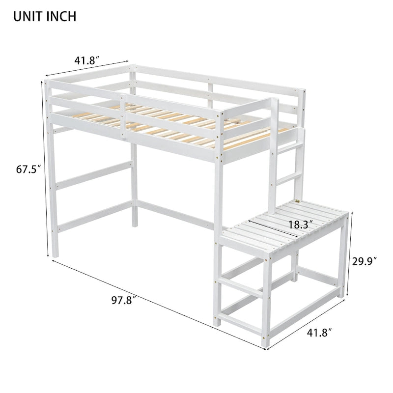 Lit mezzanine haut en pin, format jumeau, avec plateforme, deux échelles et garde-corps