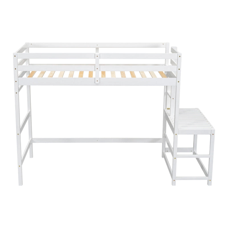 Lit mezzanine haut en pin, format jumeau, avec plateforme, deux échelles et garde-corps