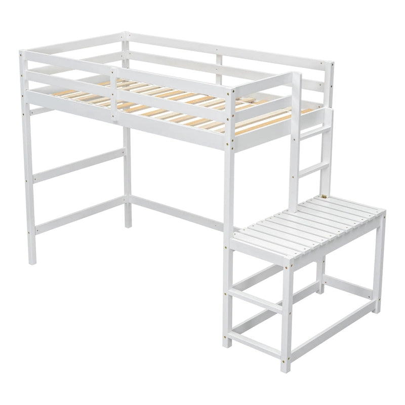 Lit mezzanine haut en pin, format jumeau, avec plateforme, deux échelles et garde-corps