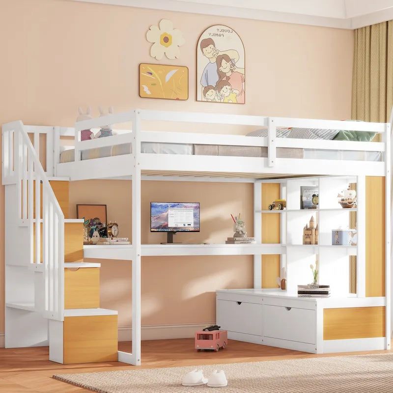 Lit mezzanine en bois de pin massif avec bureau, étagères, escalier de rangement et tiroirs