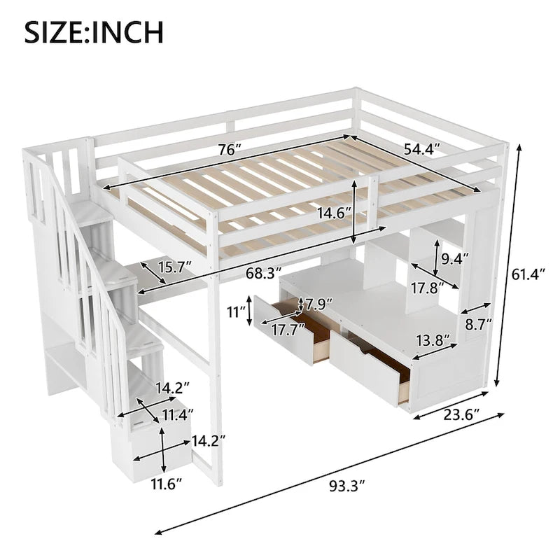 Lit mezzanine en bois de pin massif avec bureau, étagères, escalier de rangement et tiroirs