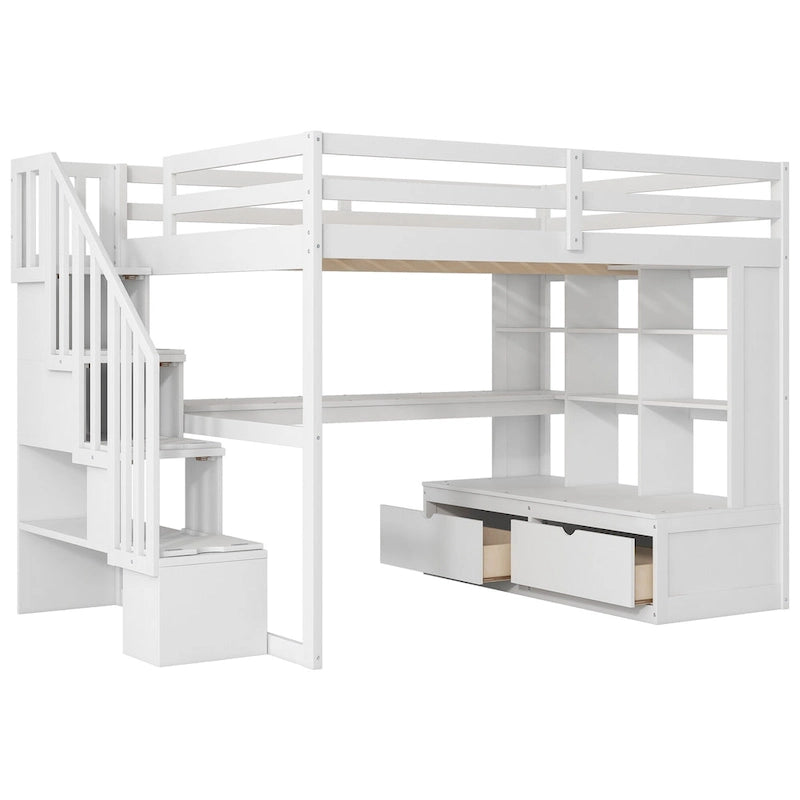 Lit mezzanine en bois de pin massif avec bureau, étagères, escalier de rangement et tiroirs