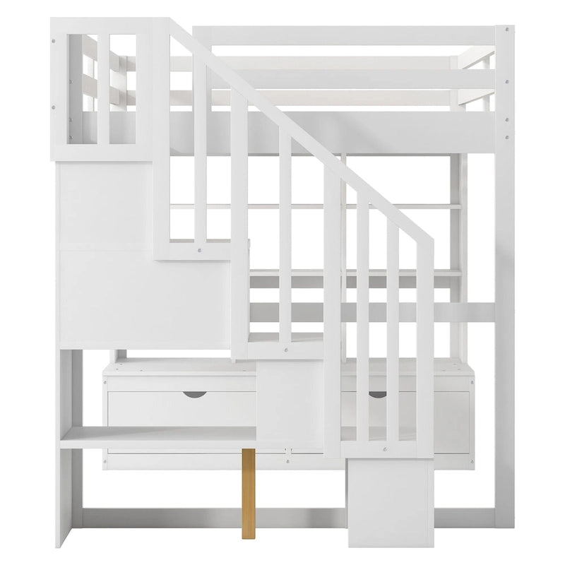 Lit mezzanine en bois de pin massif avec bureau, étagères, escalier de rangement et tiroirs