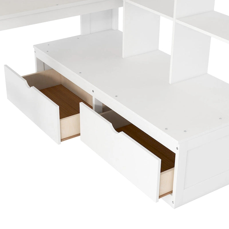 Lit mezzanine en bois de pin massif avec bureau, étagères, escalier de rangement et tiroirs