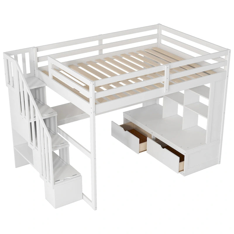 Lit mezzanine en bois de pin massif avec bureau, étagères, escalier de rangement et tiroirs