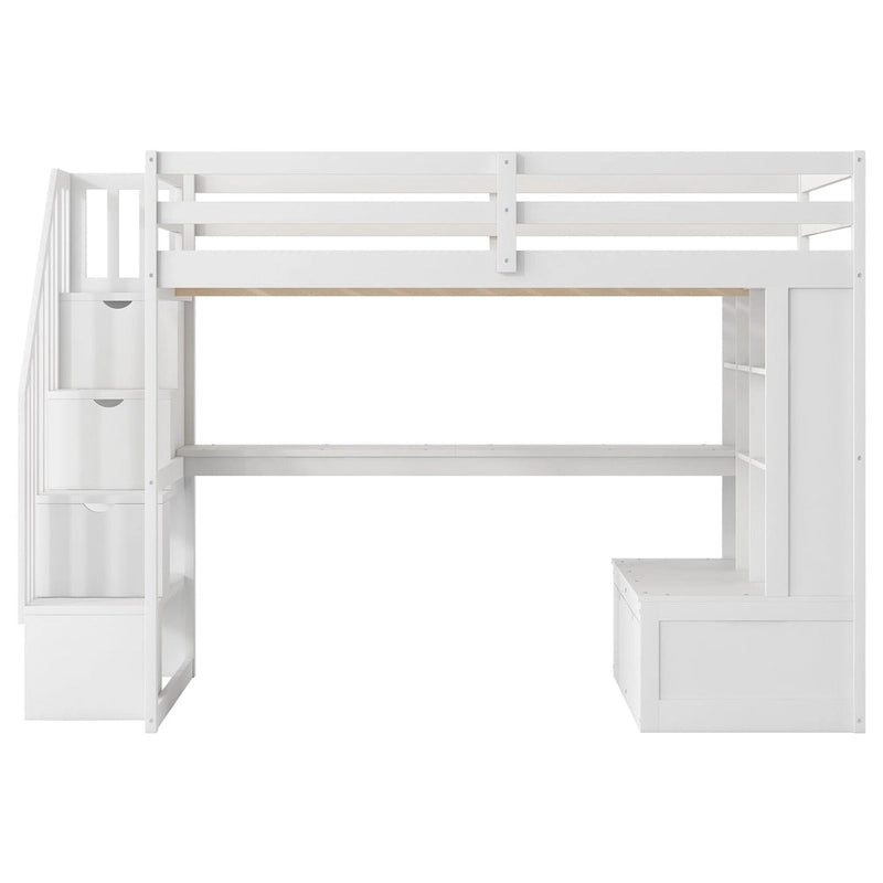 Lit mezzanine en bois de pin massif avec bureau, étagères, escalier de rangement et tiroirs