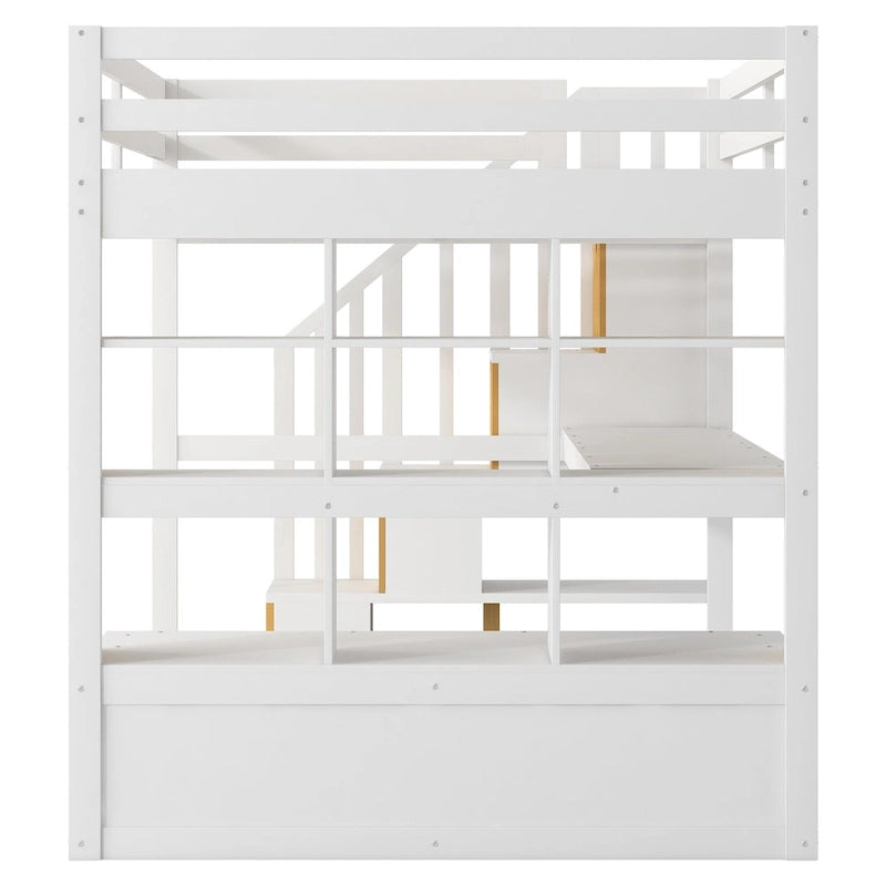 Lit mezzanine en bois de pin massif avec bureau, étagères, escalier de rangement et tiroirs