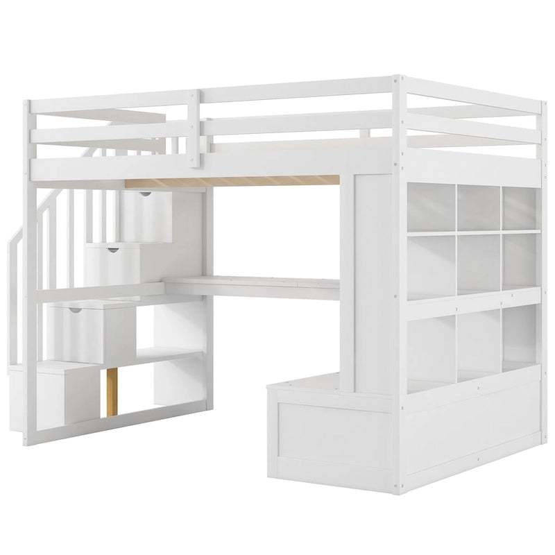 Lit mezzanine en bois de pin massif avec bureau, étagères, escalier de rangement et tiroirs