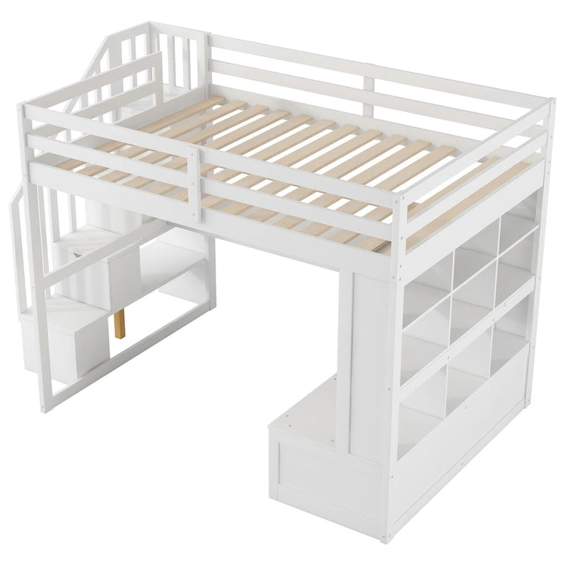 Lit mezzanine en bois de pin massif avec bureau, étagères, escalier de rangement et tiroirs