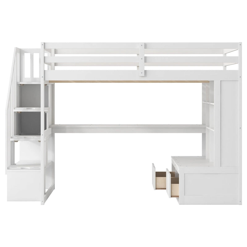 Lit mezzanine en bois de pin massif avec bureau, étagères, escalier de rangement et tiroirs