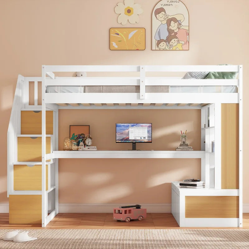 Lit mezzanine en bois de pin massif avec bureau, étagères, escalier de rangement et tiroirs