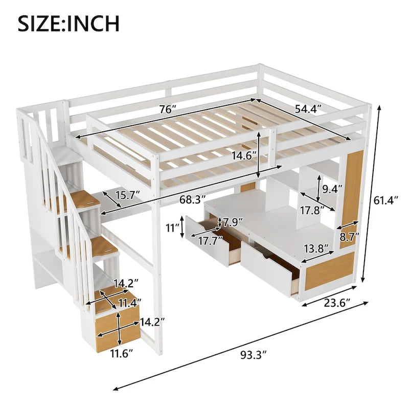 Lit mezzanine en bois de pin massif avec bureau, étagères, escalier de rangement et tiroirs