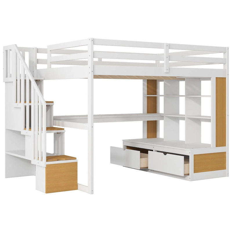 Lit mezzanine en bois de pin massif avec bureau, étagères, escalier de rangement et tiroirs