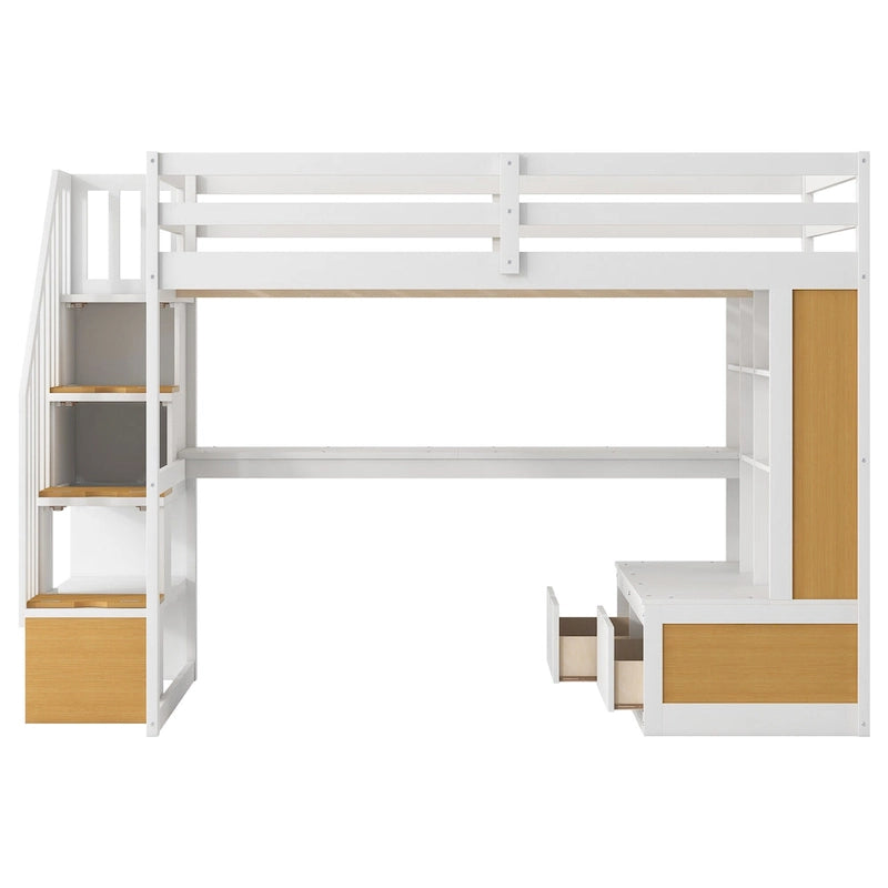 Lit mezzanine en bois de pin massif avec bureau, étagères, escalier de rangement et tiroirs