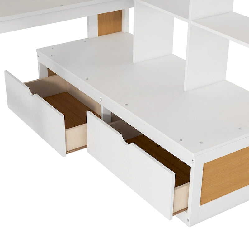 Lit mezzanine en bois de pin massif avec bureau, étagères, escalier de rangement et tiroirs