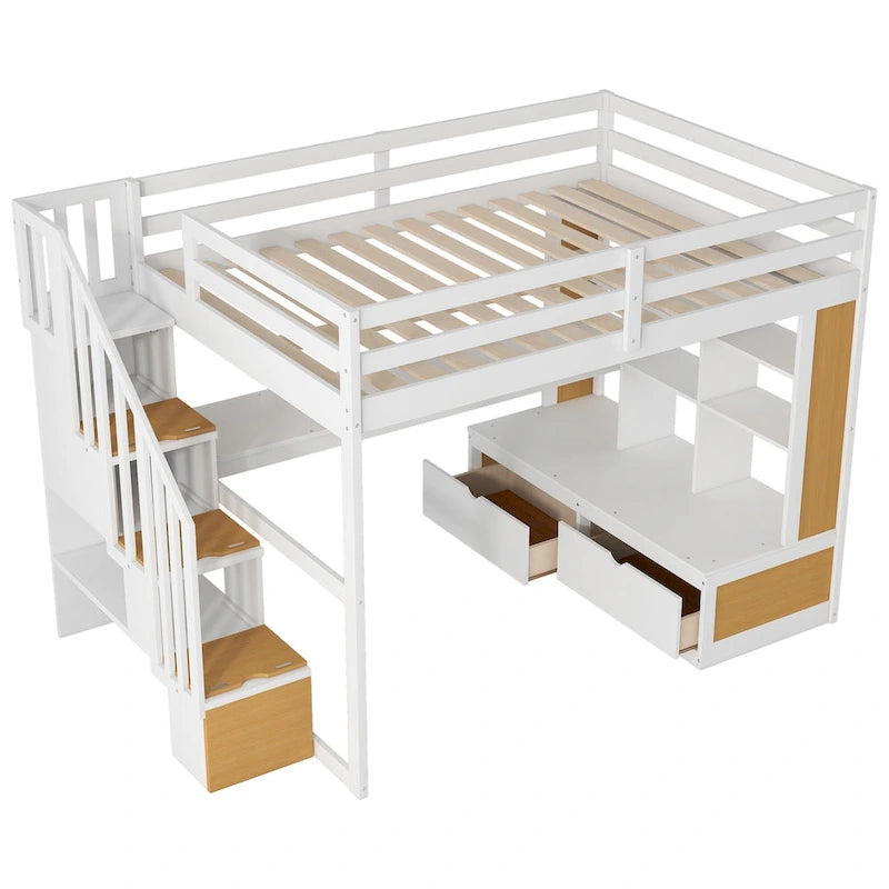 Lit mezzanine en bois de pin massif avec bureau, étagères, escalier de rangement et tiroirs