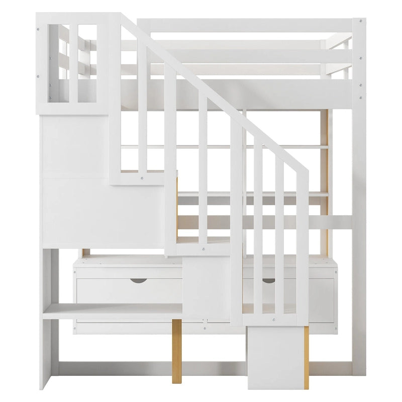 Lit mezzanine en bois de pin massif avec bureau, étagères, escalier de rangement et tiroirs