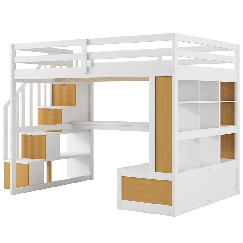 Lit mezzanine en bois de pin massif avec bureau, étagères, escalier de rangement et tiroirs