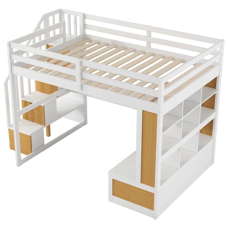 Lit mezzanine en bois de pin massif avec bureau, étagères, escalier de rangement et tiroirs