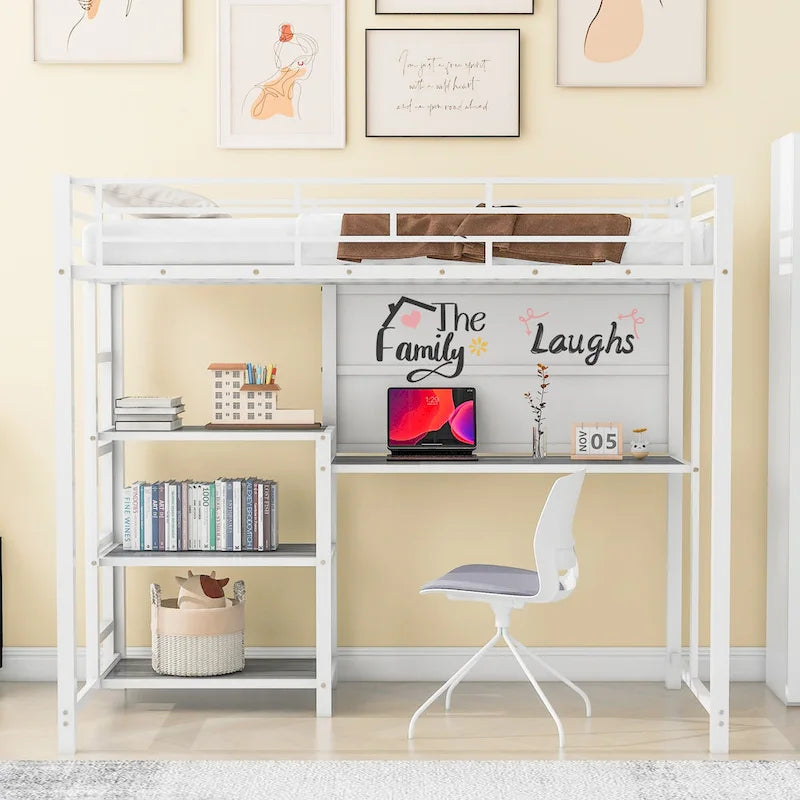 White Twin Size Metal Loft Bed with Desk, Whiteboard, Shelves, and Ladder
