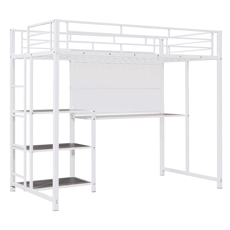 Lit mezzanine simple en métal avec bureau, tableau blanc, étagères et échelle