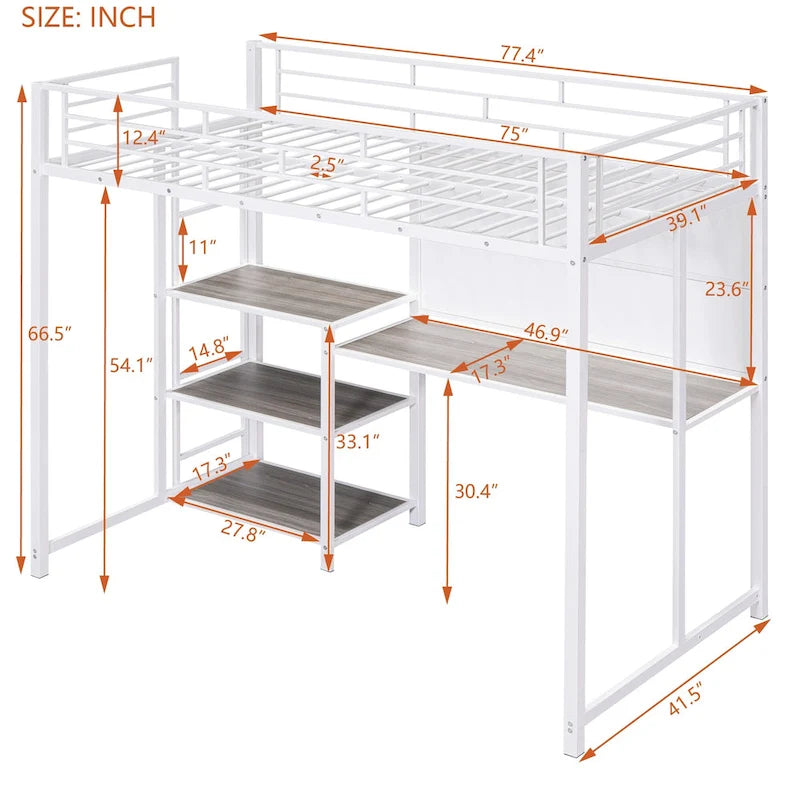Lit mezzanine simple en métal avec bureau, tableau blanc, étagères et échelle
