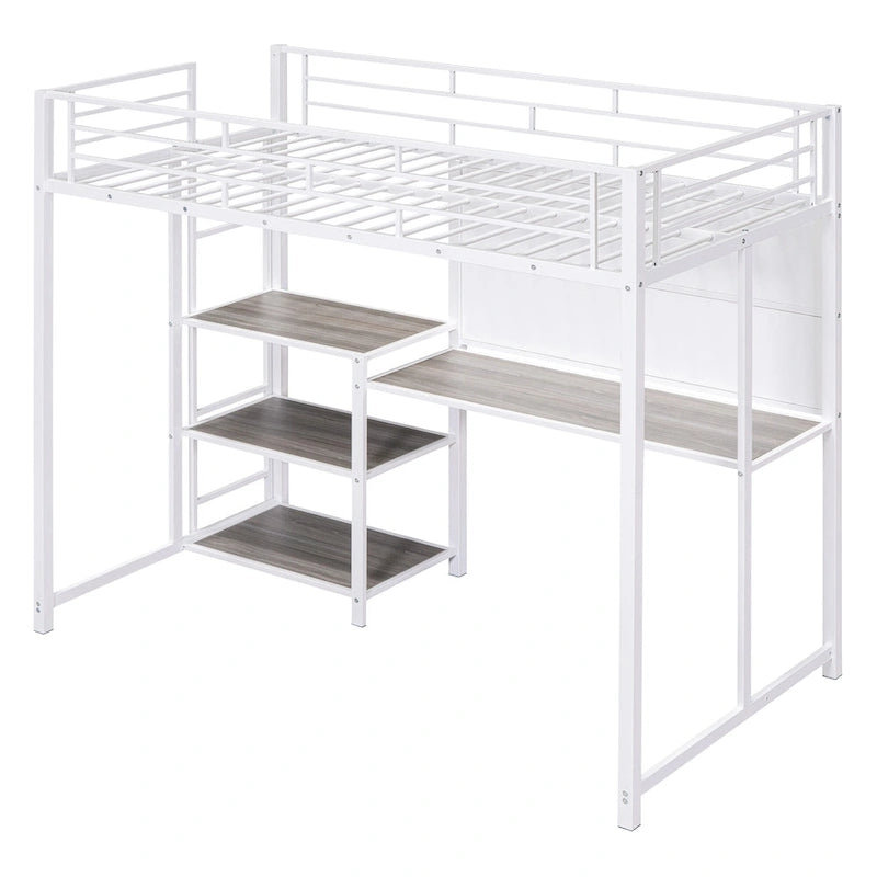 Lit mezzanine simple en métal avec bureau, tableau blanc, étagères et échelle