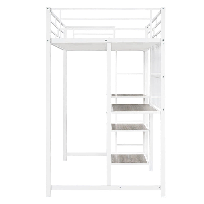 Lit mezzanine simple en métal avec bureau, tableau blanc, étagères et échelle