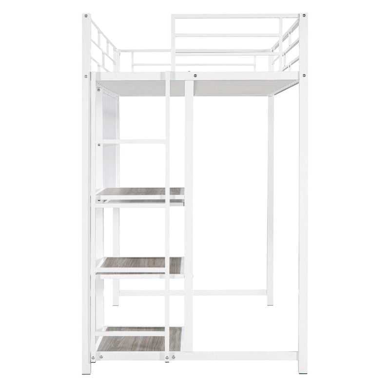 Lit mezzanine simple en métal avec bureau, tableau blanc, étagères et échelle