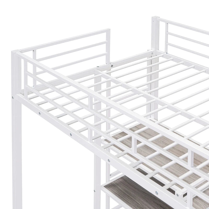 Lit mezzanine simple en métal avec bureau, tableau blanc, étagères et échelle