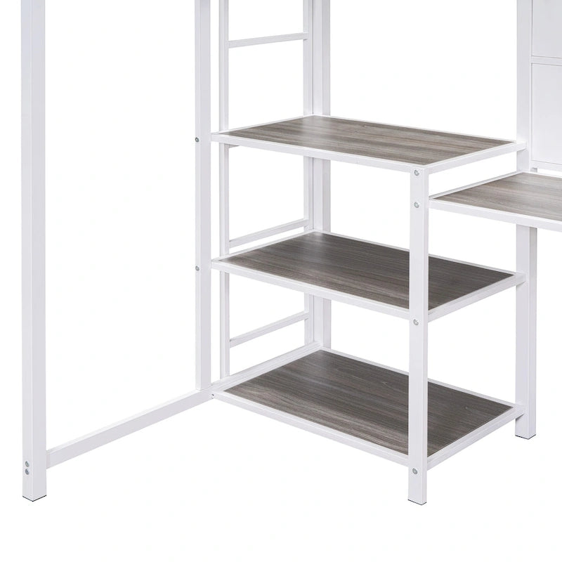 Lit mezzanine simple en métal avec bureau, tableau blanc, étagères et échelle