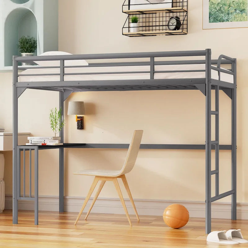 Twin Size Metal Loft Bed with Desk, Ladder, and Guardrails