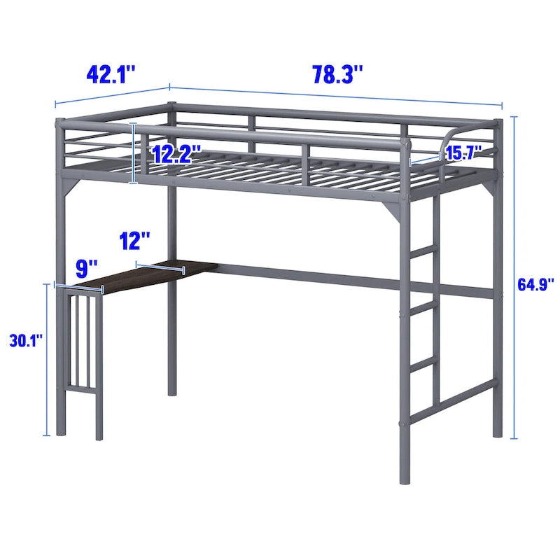Lit mezzanine métallique double avec bureau, échelle et garde-corps pleine longueur