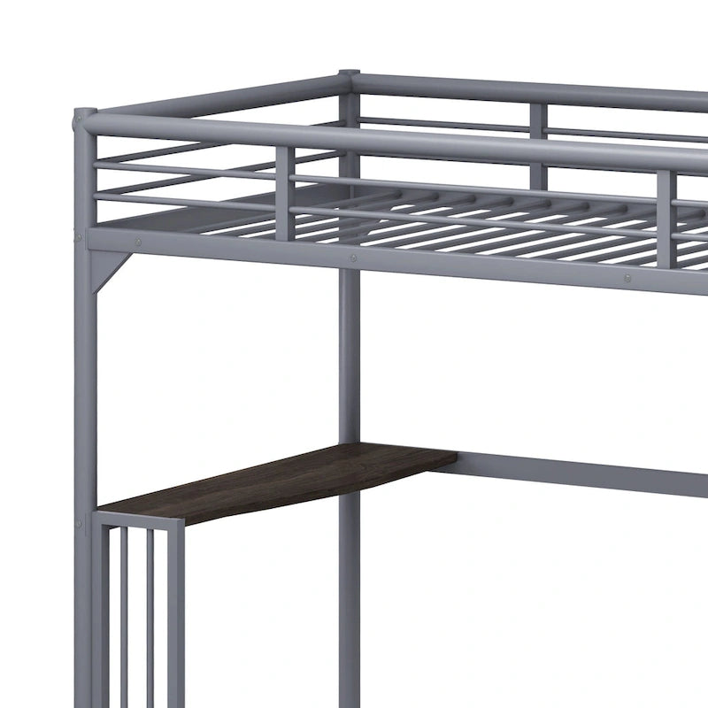 Lit mezzanine métallique double avec bureau, échelle et garde-corps pleine longueur
