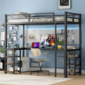 Lit mezzanine en métal avec bureau en forme de L, étagères, échelle et barrières de sécurité