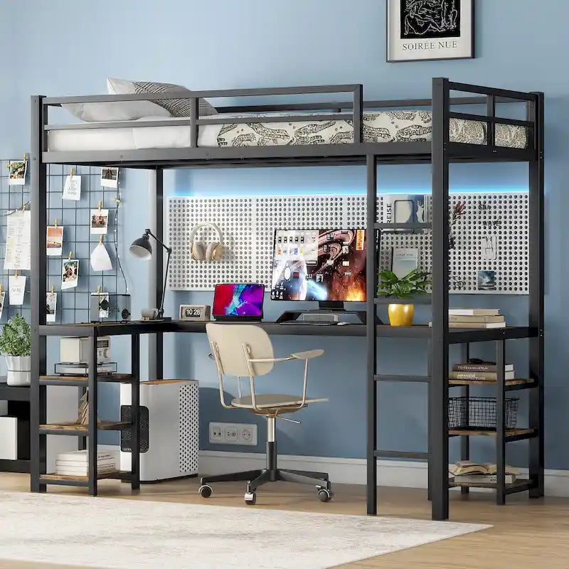 Lit mezzanine en métal avec bureau en forme de L, étagères, échelle et barrières de sécurité