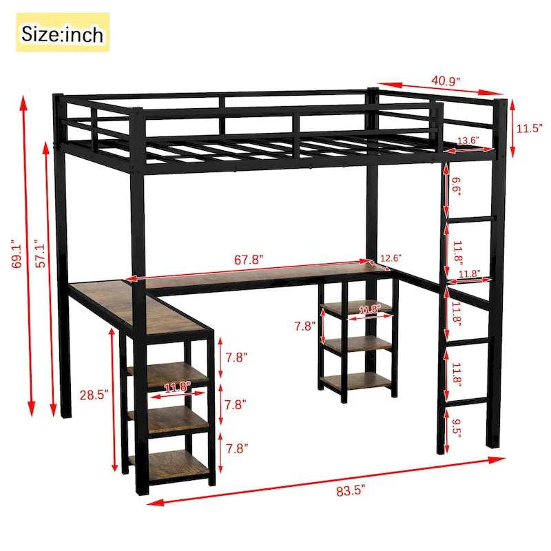 Lit mezzanine en métal avec bureau en forme de L, étagères, échelle et barrières de sécurité
