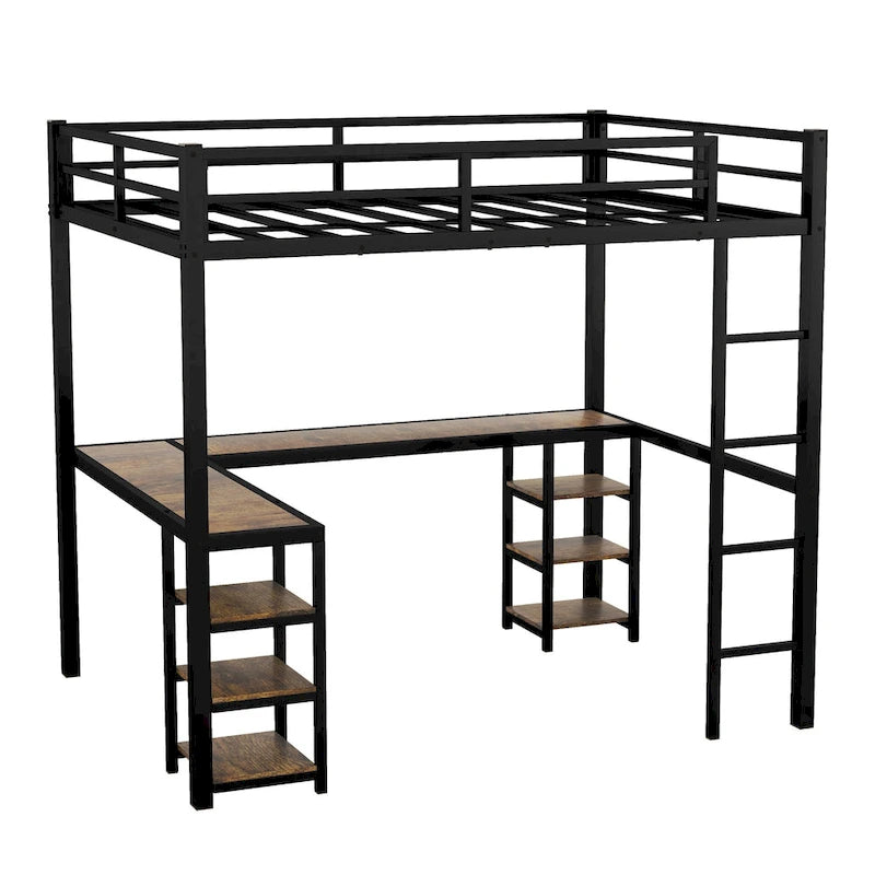 Lit mezzanine en métal avec bureau en forme de L, étagères, échelle et barrières de sécurité