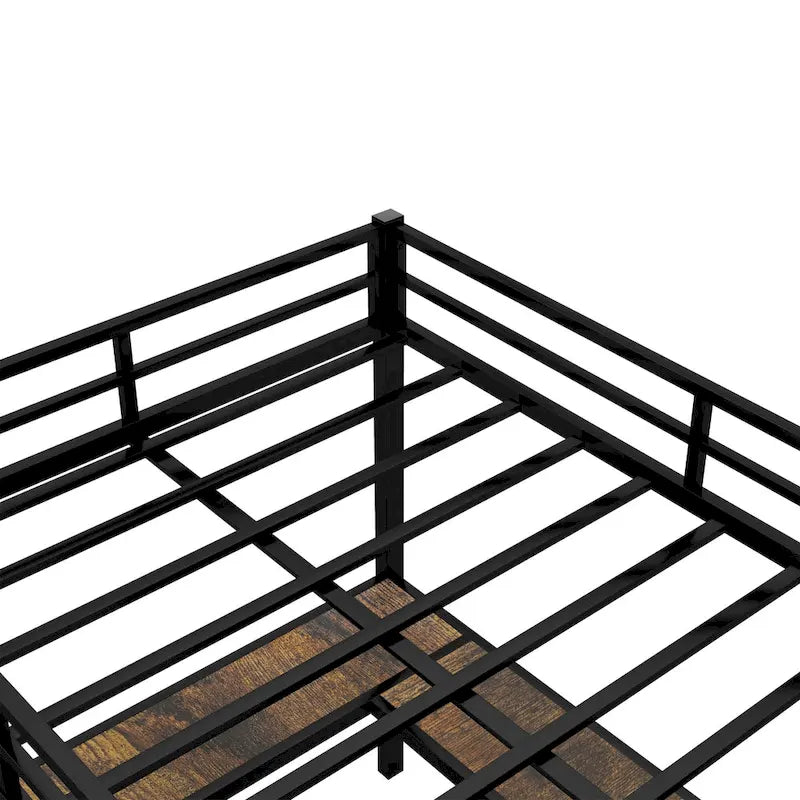 Lit mezzanine en métal avec bureau en forme de L, étagères, échelle et barrières de sécurité