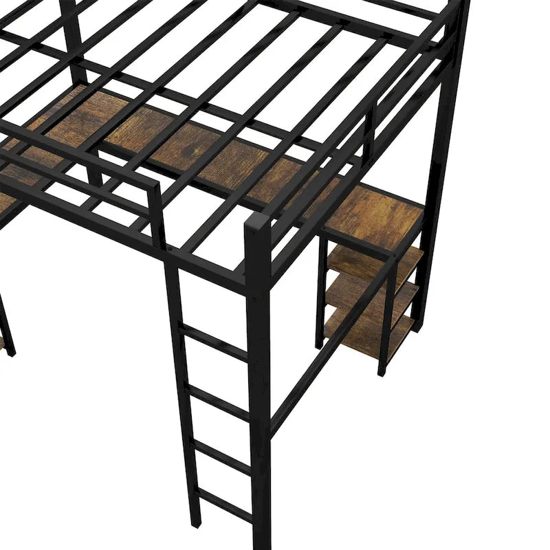 Lit mezzanine en métal avec bureau en forme de L, étagères, échelle et barrières de sécurité