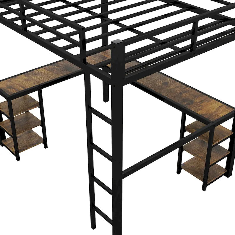 Lit mezzanine en métal avec bureau en forme de L, étagères, échelle et barrières de sécurité