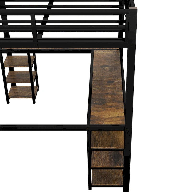 Lit mezzanine en métal avec bureau en forme de L, étagères, échelle et barrières de sécurité